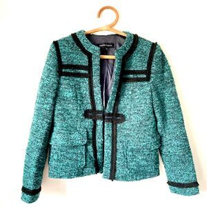 Nanette Lepore Teal & Grey Boucle Tweed Blazer Jacket Black Trim Sz 10 $248